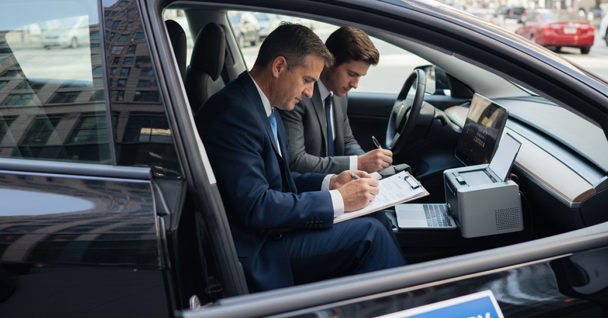 Mobile notary providing convenient on-location document notarization service to client in vehicle with portable printer